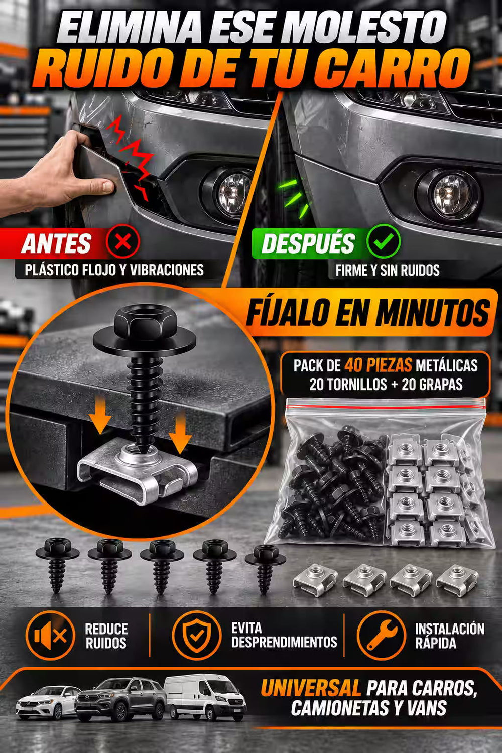 MetalFix™ — Kit 40 Piezas para Fijar Bumpers y Plásticos Flojos