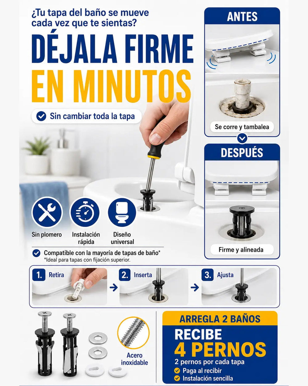 FirmeFix™ — Kit 4 Pernos de Acero Inoxidable para Tapa de Inodoro